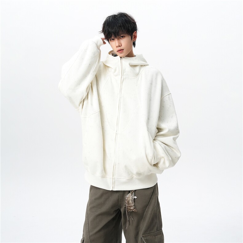 特批扎染连帽开衫卫衣男美式重磅解构拼接脏脏拉链外套KS007-TP68，女装短外套，电商B312
