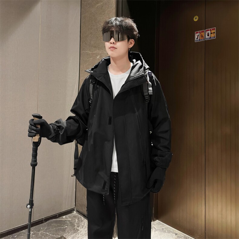 春季冲锋衣男大码男士防水夹克潮流连帽外套纯色A266-JK8018-P45图片