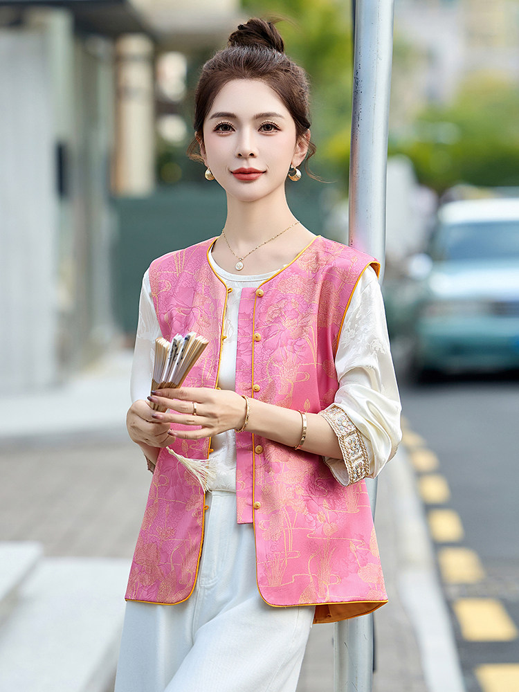 2025春季新款新中式g风提花短外套女高级感复古盘扣上衣外套,女装马甲,韩美纤衣