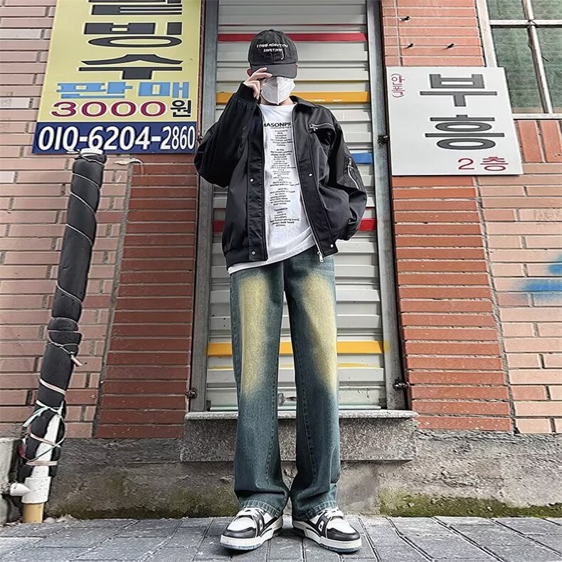 美式牛仔裤男韩版潮流染黄泥高街2024冬季ins直筒长裤RK1306-P51,男装牛仔裤,星座412-3