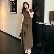 设计感撞色后背开叉圆领短袖套装女夏新款休闲高腰半身裙两件套潮，女装套装/套裙，江南