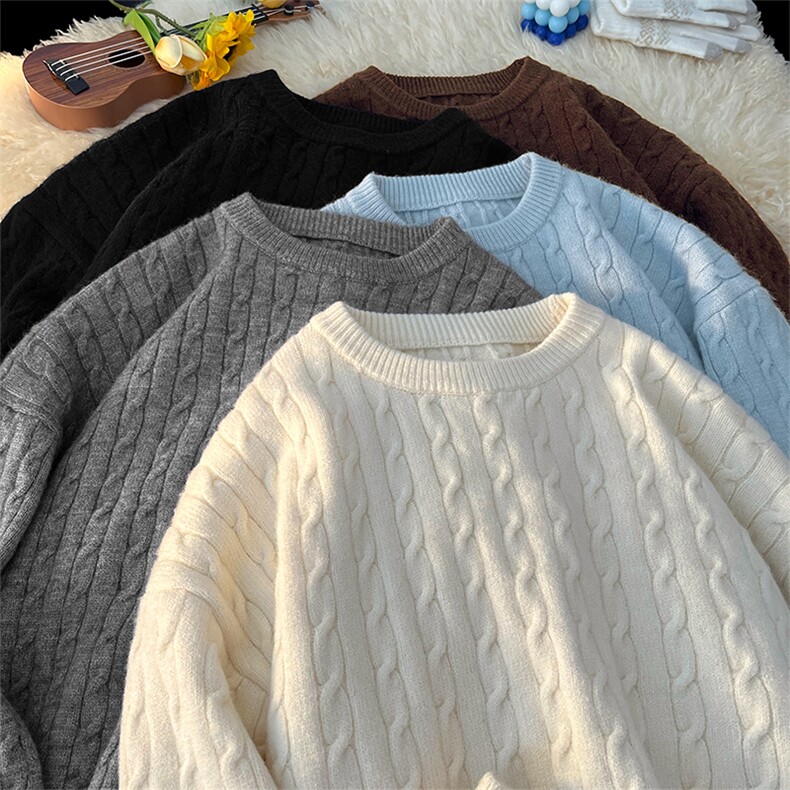 韩系复古麻花圆领针织衫宽松情侣百搭休闲毛衣5Q1144-TP5098，男装针织衫/毛衣，电商A102