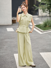 小香风套装女2025夏日新款韩系高级松弛感休闲无袖衬衫阔腿裤穿搭，女装套装/套裙，伊仟回