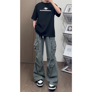复古蓝美式工装牛仔裤男秋季小众褶皱感阔腿裤潮牌百搭直筒休闲裤图片