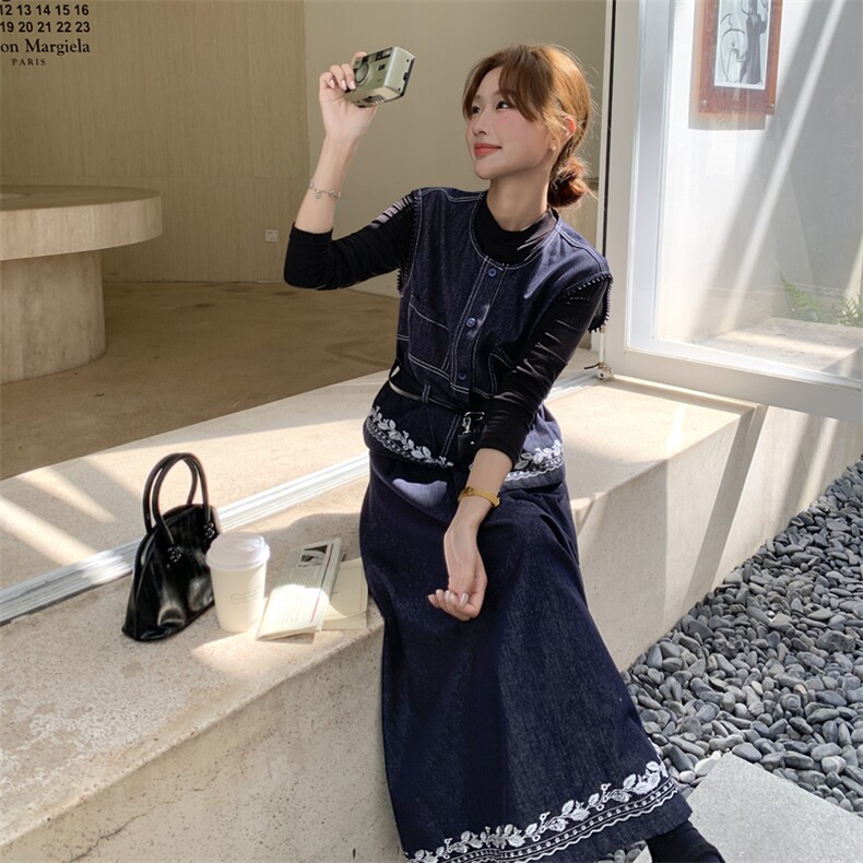时尚气质牛仔马甲高腰半身裙两件套女2025秋季新款韩版高级感套装,女装套装/套裙,2C028