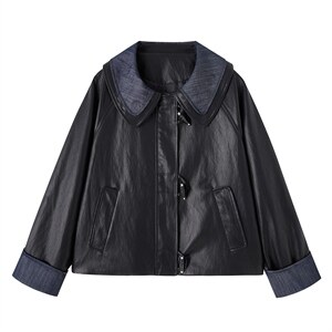 【春季女装新款】大量现货时尚相拼短款皮衣外套，女装皮衣，缘衣格