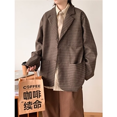 日系复古细格纹西服男港风宽松休闲小西装夹克外套，男装西服，星座716-2