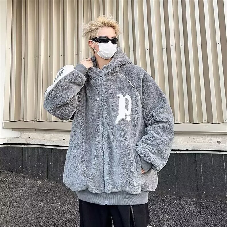 羊羔绒外套男秋冬季加绒保暖连帽棉衣青少年潮牌刺绣夹克冬装上衣,男装夹克,星座1210-1