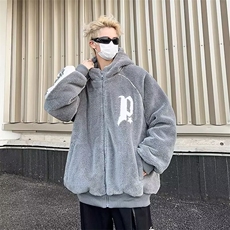 羊羔绒外套男秋冬季加绒保暖连帽棉衣青少年潮牌刺绣夹克冬装上衣，男装夹克，星座1210-1