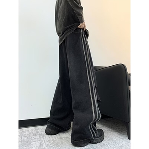 三条杠条纹牛仔裤男春秋美式潮牌痞帅褶皱阔腿牛仔裤子 G9037-P52图片