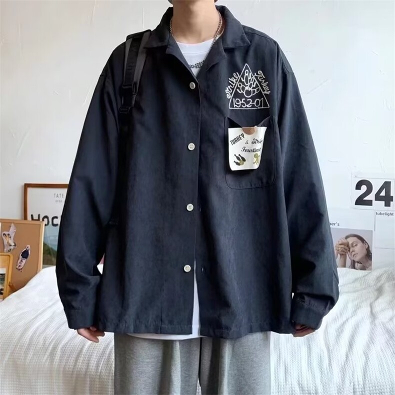 美式复古刺绣长袖衬衫男2023春季宽松休闲百搭工装上衣W6934-P33,男装衬衫,星座512-2