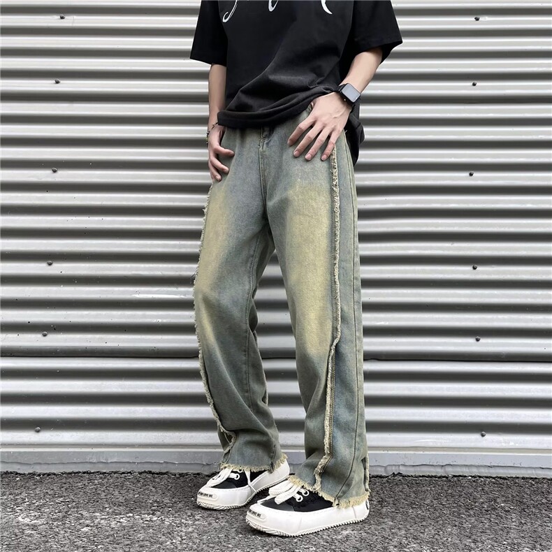 黄泥复古牛仔裤男毛边高街vibe美式潮牌冬季直筒oversize阔腿裤子,男装牛仔裤,星座1210-1