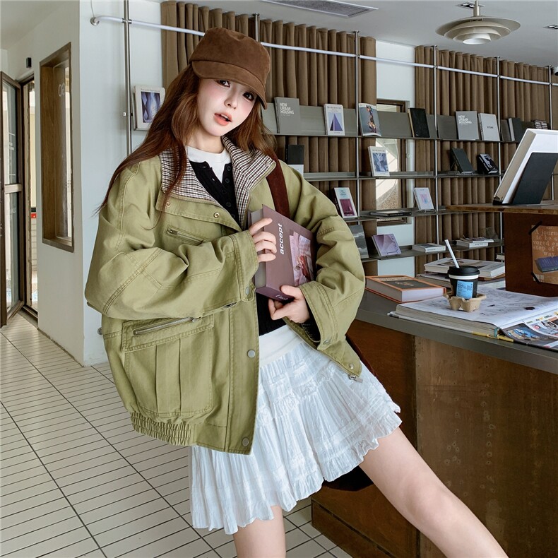 【新款】巴恩风格子拼接袖工装外套D2145-Y8829-P175-控258,女装短外套,2D145