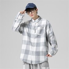 2021秋季新无影墙港风宽松翻领休闲大码男格子衬衫C512-P40，男装衬衫，电商A001