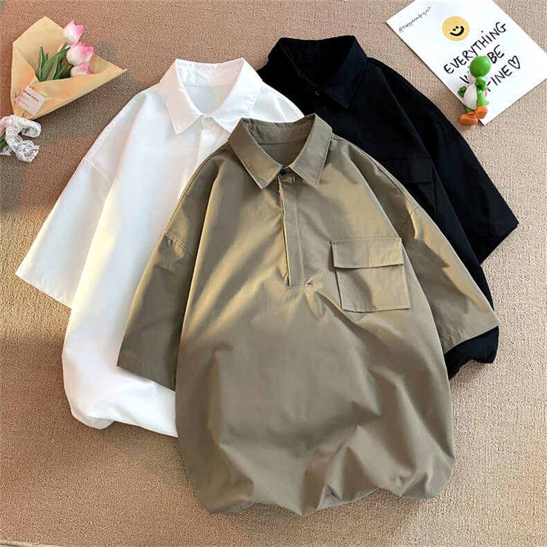 T6069/P35夏季简约短袖衬衫男设计感小众工装衬衣polo衫宽松T恤男图片