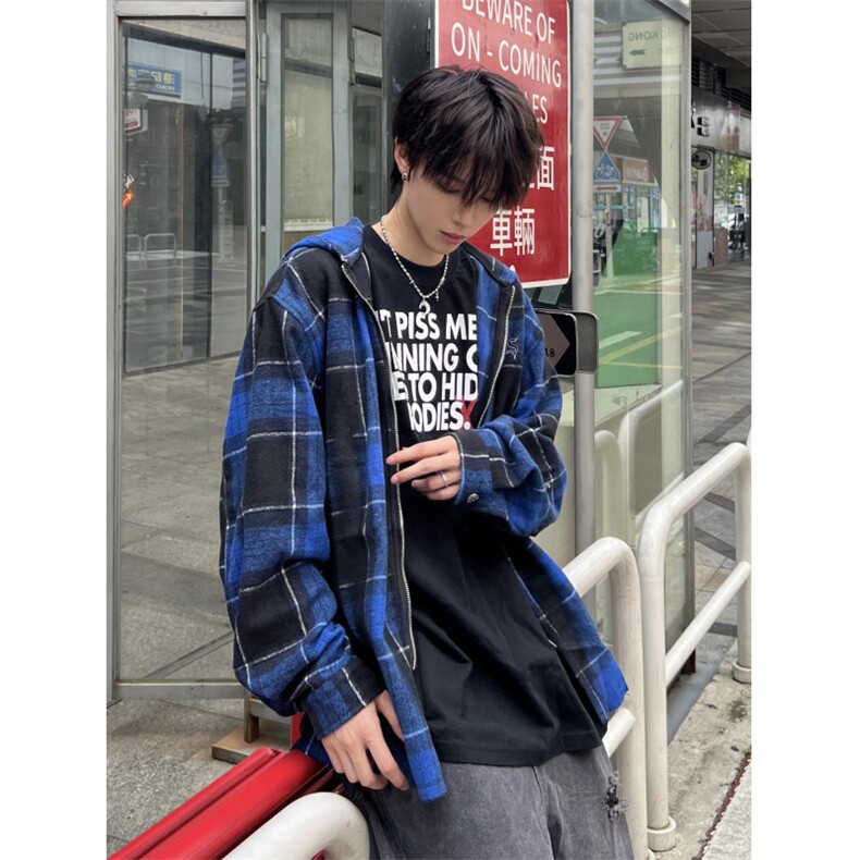 【有货】连帽格子衬衫男高级感痞帅美式拉链夹克外套C300CC-特P55,男装夹克,星座1007（原301D）