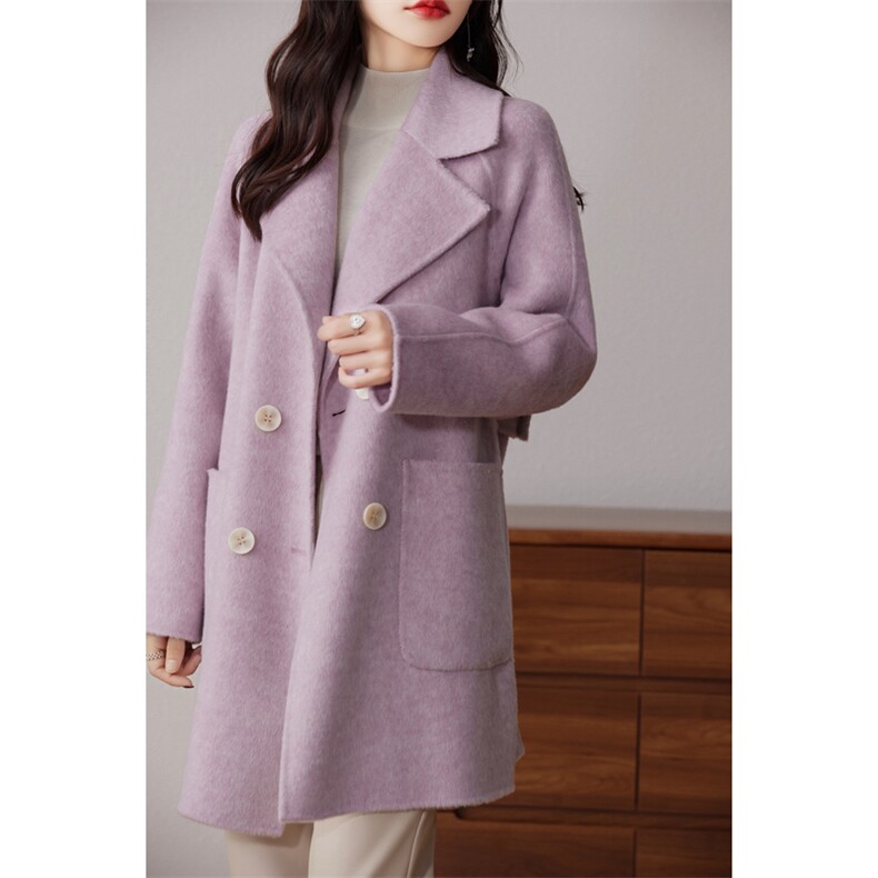 新款加厚双面羊毛绒大衣女中长款双排扣宽松韩版羊绒呢子外套，女装双面呢大衣，贝源羊绒