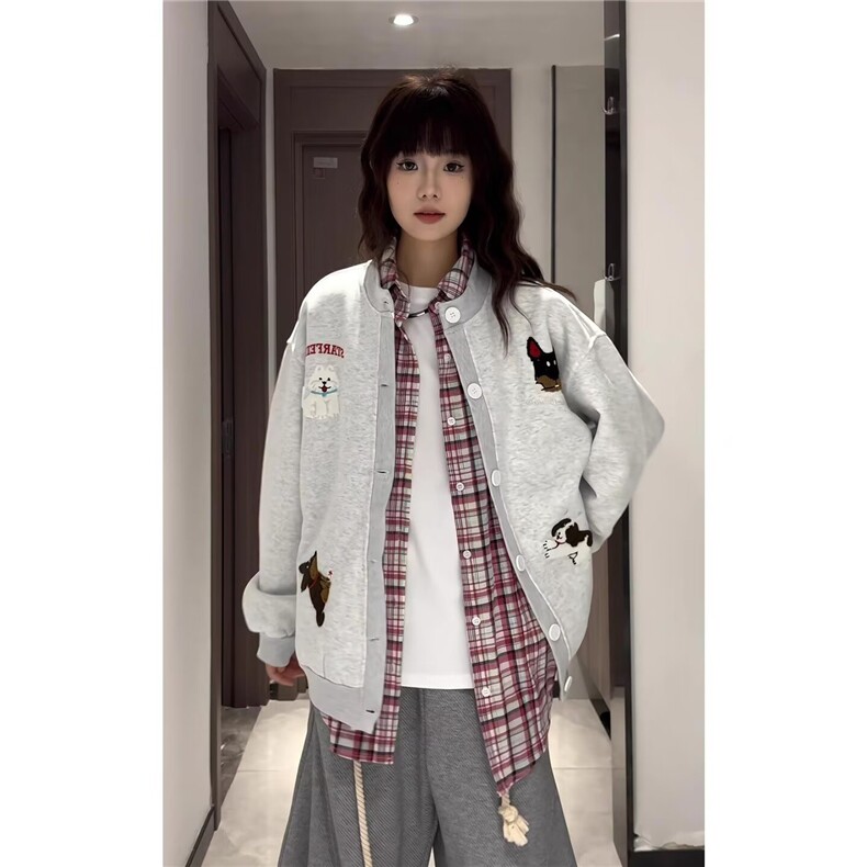 日系卡通小狗毛巾绣圆领卫衣女春秋2025新款慵懒风宽松bf开衫外套,女装短外套,星座516A