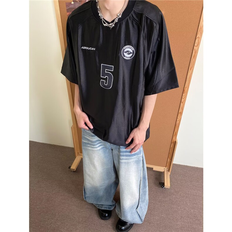 美式街头嘻哈复古短袖球服T恤男夏季暗黑刺绣字母宽松廓形上衣服,男装T恤,星座506A