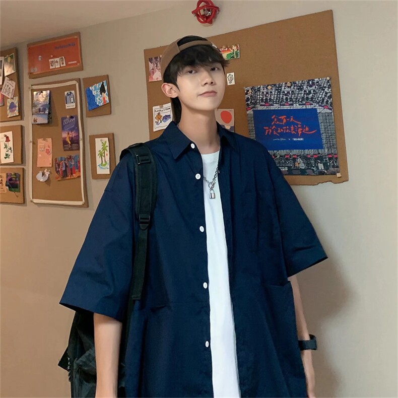 夏季短袖衬衫男工装bf衬衣慵懒风半袖外套原宿风上衣服C2023-P28,男装衬衫,星座1008-1