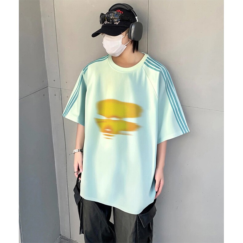 抖音得物品质二开240克宽松纯棉美式潮牌印花三条杠中性风短袖T恤,男装T恤,电商A486-1