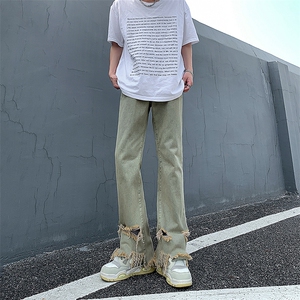 现货 黄泥美式vibe裤高街黑色破洞微喇直筒毛边牛仔裤男 K890-P55图片