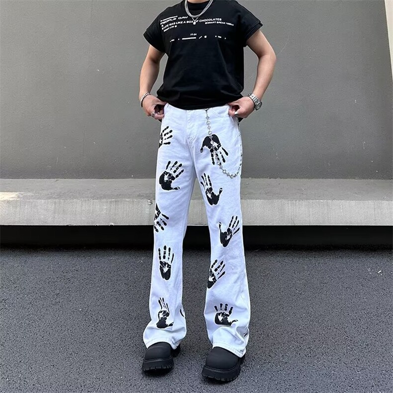 2026水墨手掌印花白色牛仔裤高街hiphop潮炸街长裤K71126-P45网图,男装牛仔裤,电商B245