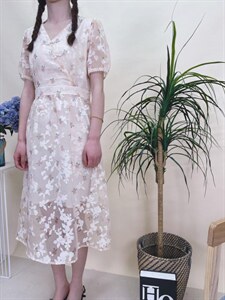 现货夏季新款风盘扣烧花连衣裙,女装连衣裙,蘑小菇