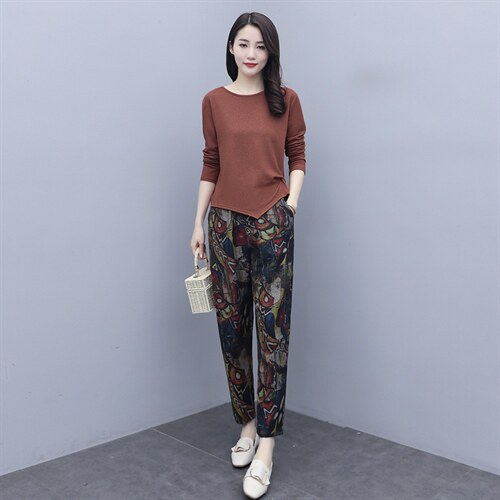 2025春装休闲套头针织长袖花色修身长裤套装套裤，女装套装/套裙，施恩睿棋