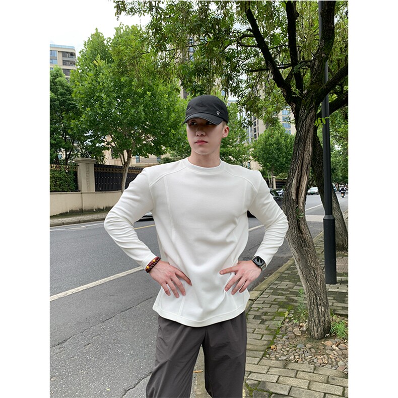 抖音得物品质美式高街重磅曼巴棉结构硬阔boxy版潮牌卫衣长袖T恤,男装T恤,电商A486-1
