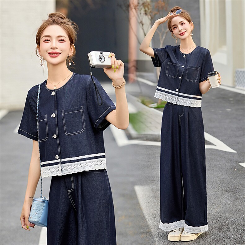 天丝牛仔蕾丝拼接套装女2025春夏新款高级感减龄休闲阔腿裤两件套，女装套装/套裙，魅影