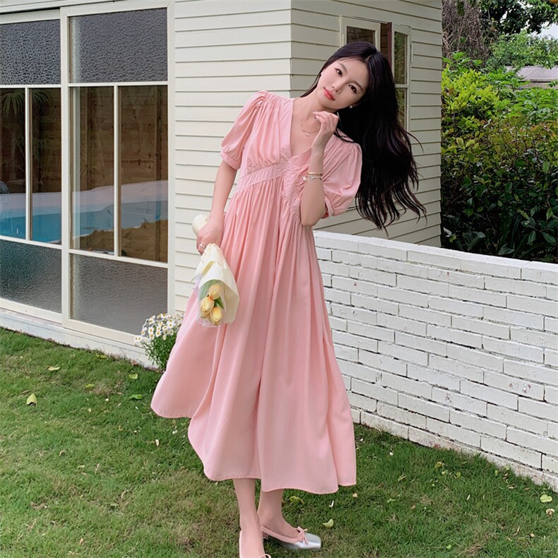粉色甜美珠串挂脖连衣裙女2025夏季新款法式气质露肩收腰显瘦长裙,女装连衣裙,莘蕾