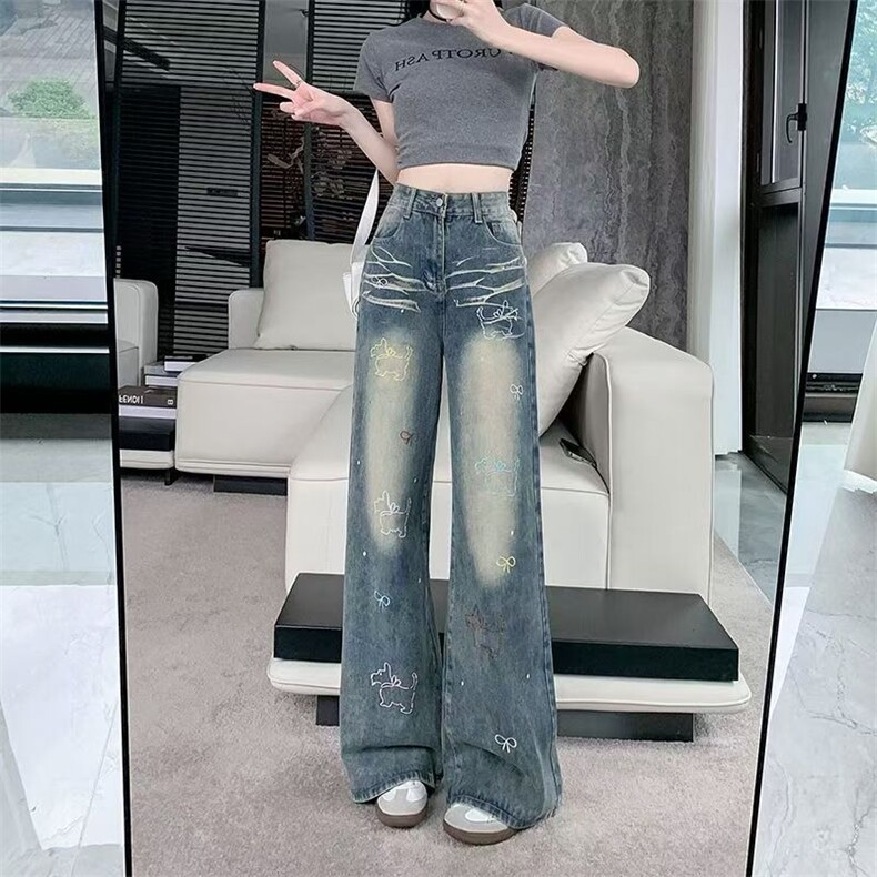 小个子复古刺绣直筒牛仔裤女2025新款设计感高腰显瘦窄版阔腿长裤,男装牛仔裤,星座506A