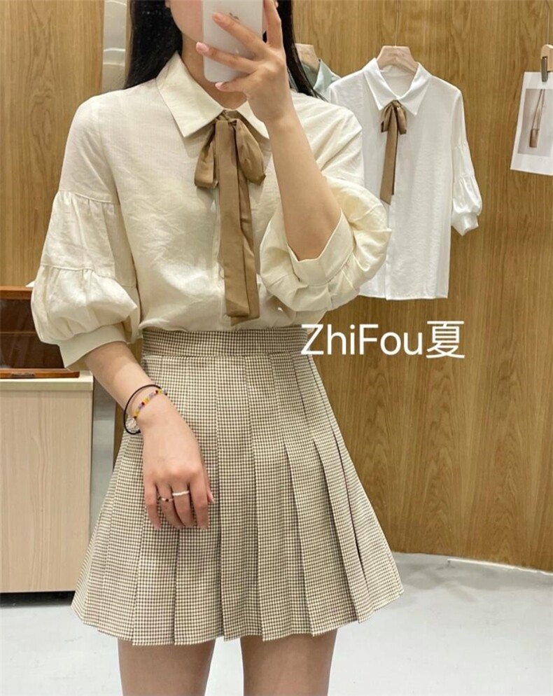 夏季新款“奶油泡芙”浅条纹撞色飘带灯笼袖小衬衣,女装其它,知否