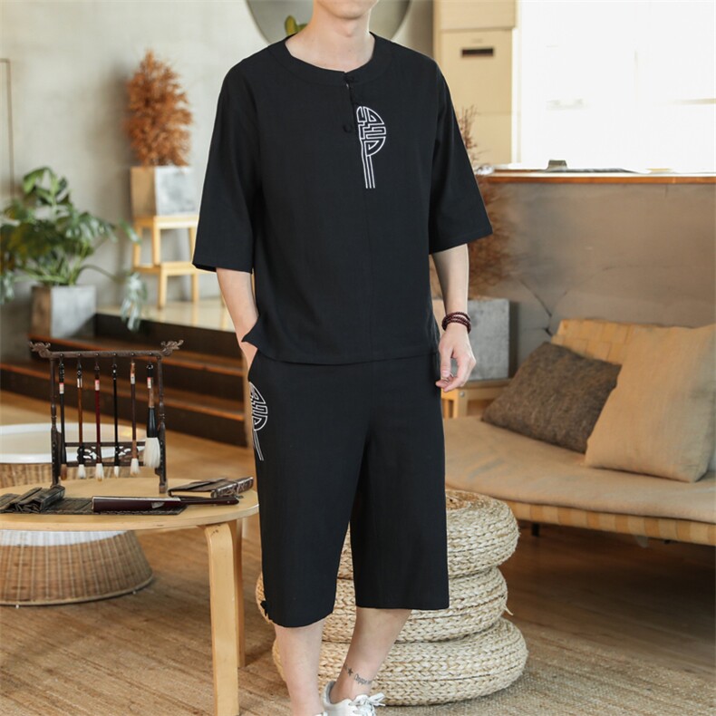 风夏款盘扣刺绣休闲男士套装薄款T恤七分裤两件套潮A822-P60，男装牛仔裤，钱塘788(原4013)