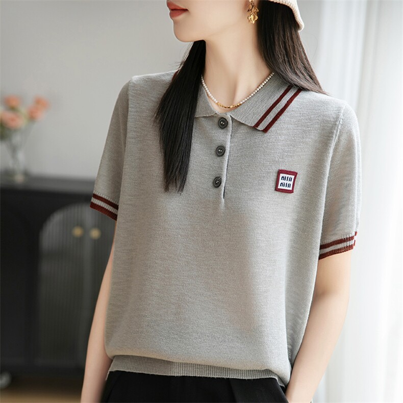 新款polo领短袖上衣翻领时尚休闲百搭夏季新款针织小衫显瘦半袖,女装T恤,菲奥羊绒