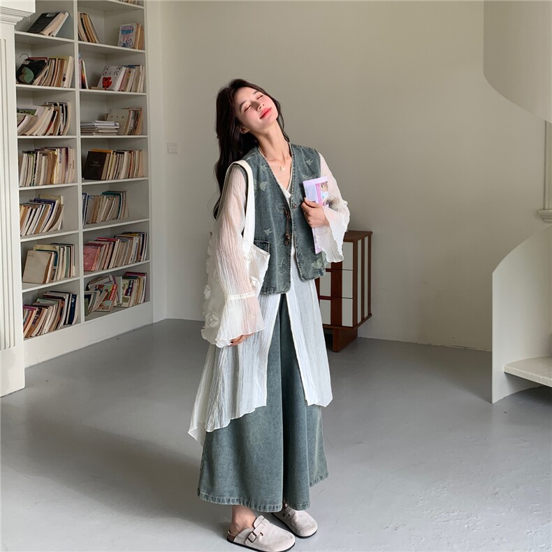 设计感连衣裙打配牛仔马甲套装女春夏季小众阔腿裤三件套减龄,女装套装/套裙,浙宝190