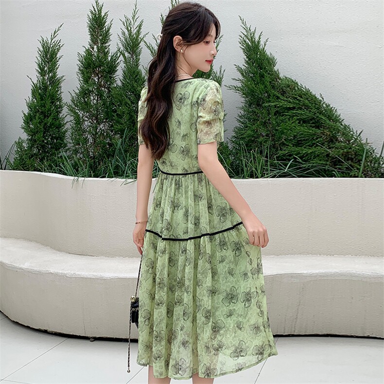 【Miss】蝴蝶结雪纺洋气印花连衣裙2026夏季商场专柜品牌女装,女装连衣裙,心心服饰