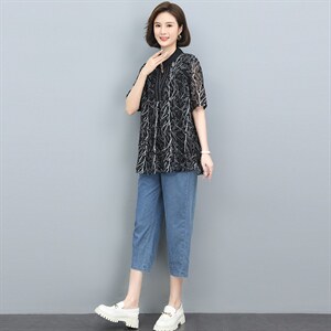 2022夏季新款文艺时尚印花牛仔套装 显瘦修身气质女装两件套图片