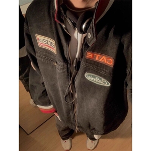 复古撞色拼接立领牛仔夹克高街嘻哈牛仔衣外套男帅气衣服 JK22图片
