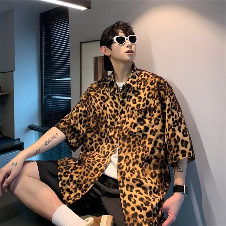 夏季男衬衫上衣休闲宽松可穿80-300斤港风时尚衬衣外穿薄款豹纹图片