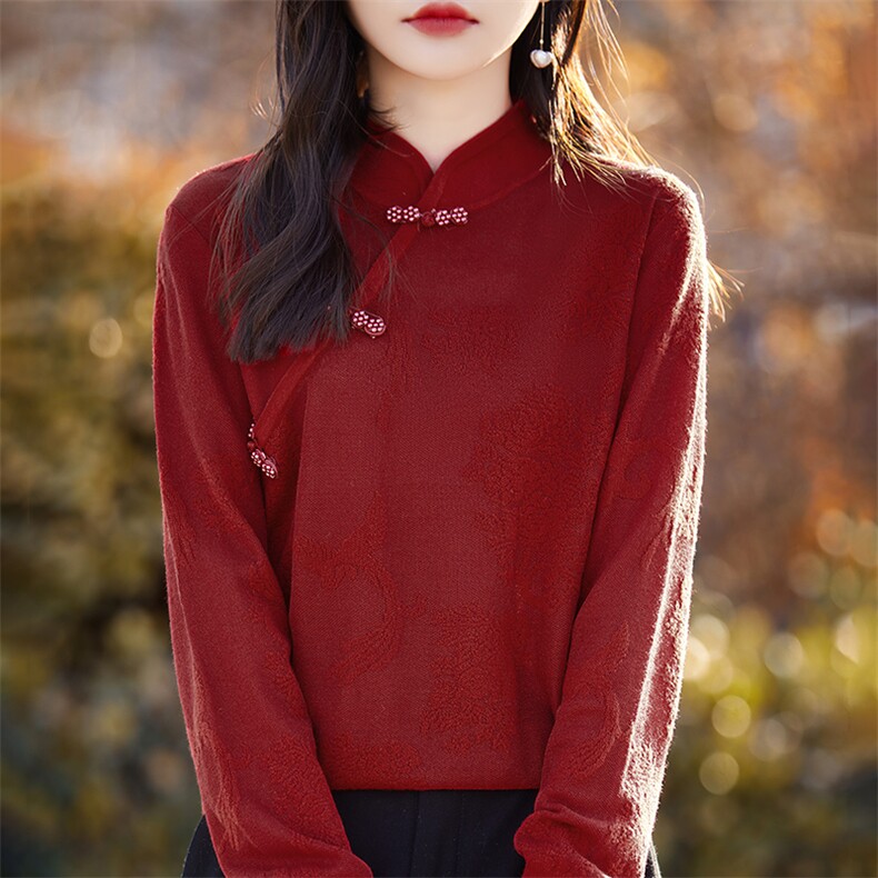 春秋立领盘扣精纺羊毛衫女复古中国风提花长袖毛衣蕾丝钩花打底衫,女装羊毛衫,森墨