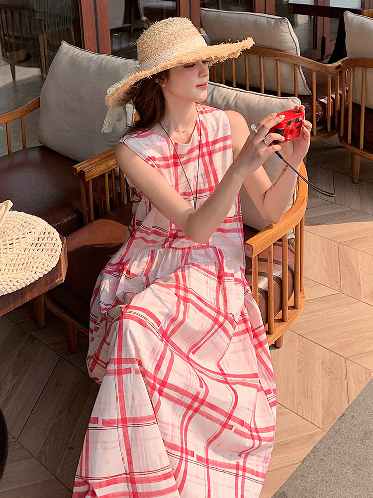 甜美红色格子无袖背心连衣裙女夏2025新款独特绝美爆款高级感长裙,女装连衣裙,浙宝305