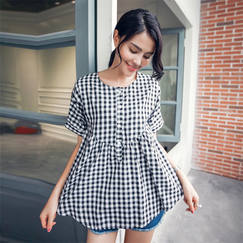 时尚格子短袖T恤女夏季新款宽松显瘦百搭上衣学生韩版甜美衬衫，女装T恤，深水步