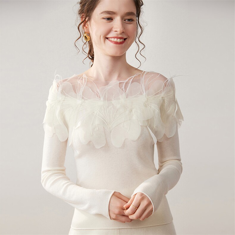2025年秋季新款花朵一字肩针织羊绒衫时尚休闲通勤百搭,女装羊绒衫,圣寒羊绒