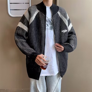 美式复古设计感小众撞色条纹高领毛衣情侣针织开衫外套男女MY569