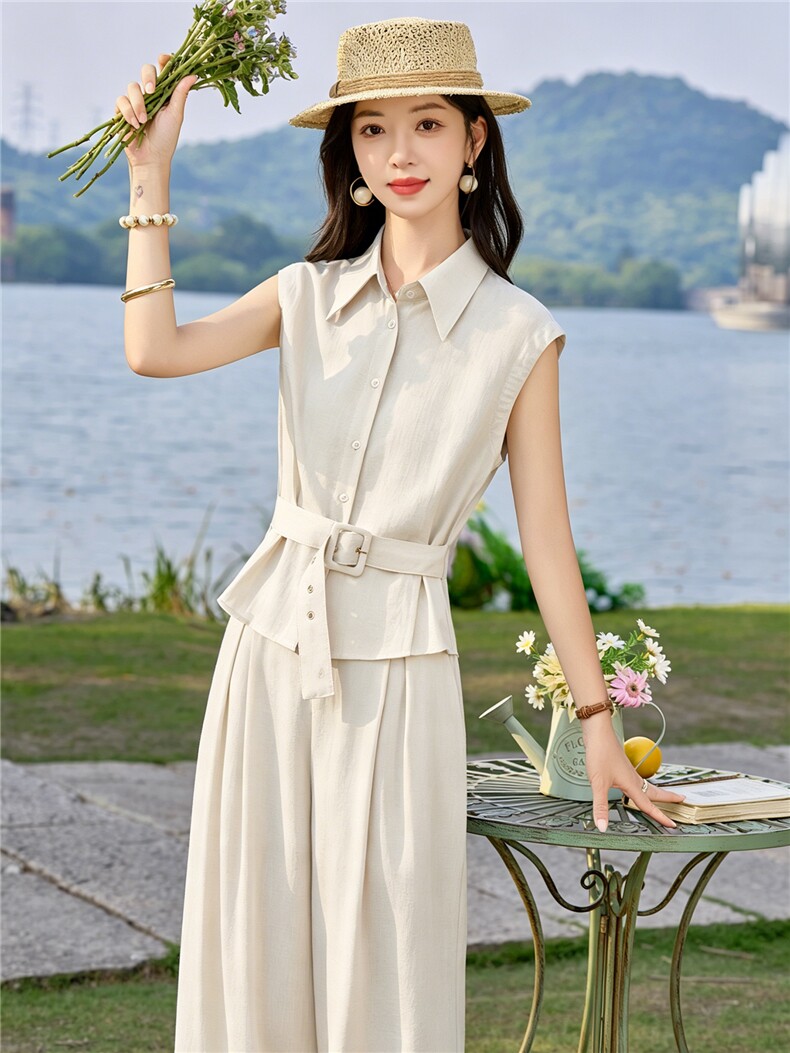 2026年夏季新款气质可调节腰带上衣裤子两件套套装女,女装套装/套裙,依路服饰