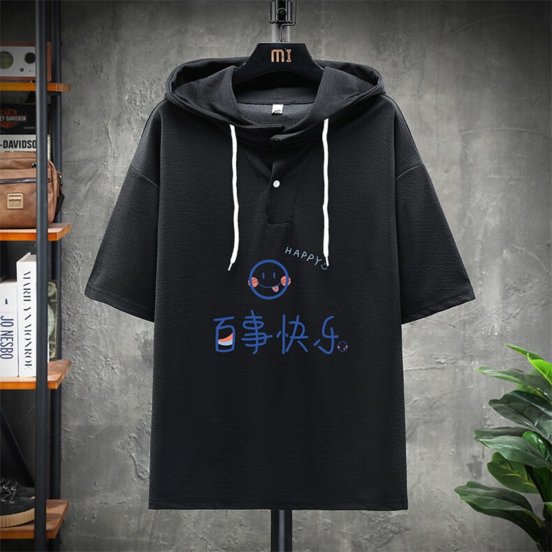 LD54183-P45连帽短袖t恤男大码胖子带帽五分袖中袖展架,男装T恤,电商A040A