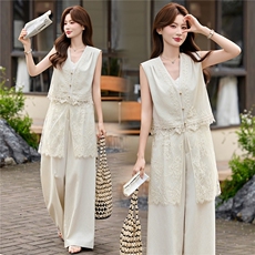 轻熟风气质套装女2026夏季重工刺绣马甲上衣拼接蕾丝阔腿裤两件套，女装套装/套裙，伊仟回