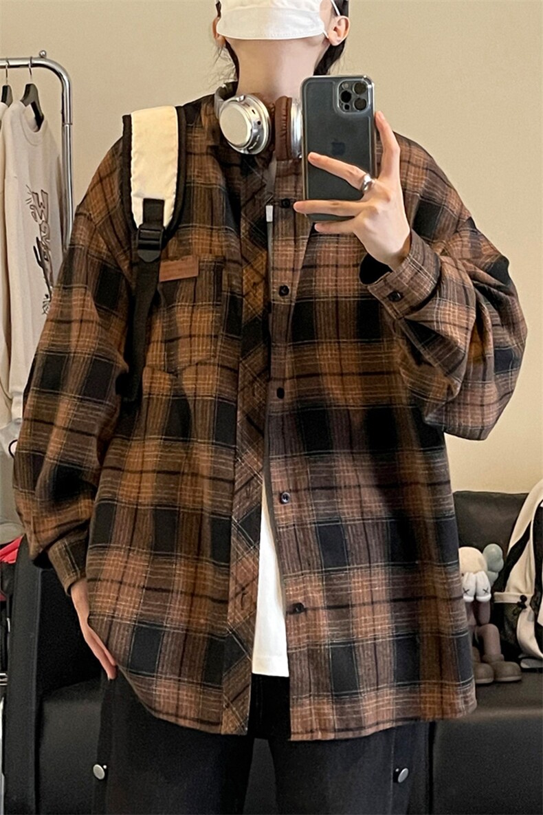 复古格子长袖衬衫美式大码休闲潮流外套内搭C2168-P32【特价】,男装衬衫,电商A007